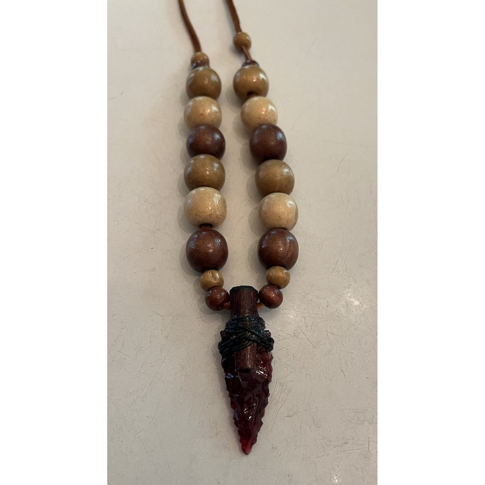Arrowhead Red Glass Round Wooden beads handmade necklace. Adjustable Leather